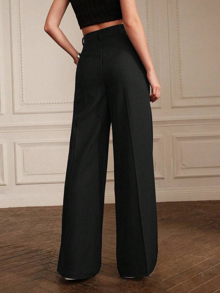Elegant High-Waisted Pleated Design Women's Suit Pants, Black Straight Leg Trousers, Suitable For Commuting, Tall, Fall, Winter, Summer, Spring, New Year, Party, Wedding, Elegant, Chic, Stylish, Business Casual