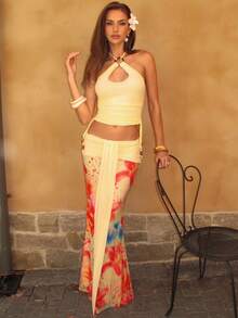 SHEIN BAE 女士休闲度假图案纯色腰部褶皱超长款半身裙，度假长裙，海滩度假，适合各种度假场合，优雅长裙，碎花长裙，约会度假场合 - 黃色 - 查看 3