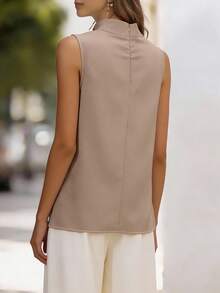 Balvessa Áo kiểu nữ không tay cổ tàu màu trơn thanh lịch - Màu Khaki - Xem 2