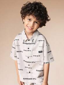 SUMWON Boys Button Up Shirt And Matching Shorts Set White All Over Print Text Pattern Summer Casual Two Piece Outfit - Khaki - View 3
