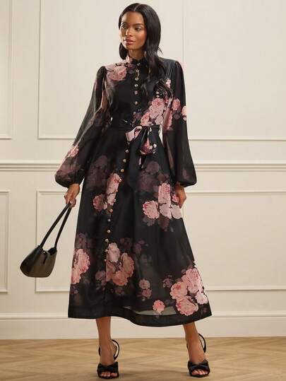 Lilora שמלת שרוולי פנס אלגנטיים עם הדפס פרחוני לנשים