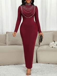 SHEIN Lady Women's Elegant Rhinestone Embellished Split Long Sleeve Dress, Autumn - Multicolor - View 4