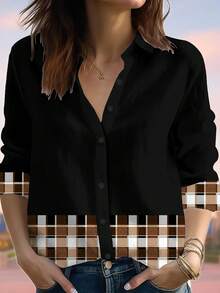 EMERY ROSE 大码女式休闲浪漫格子图案撞色印花圆领宽松衬衫，黑色 - 彩色 - 查看 3
