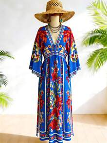 Travachic 女士梭织印花V领七分袖连衣裙 - 寶藍色 - 查看 3