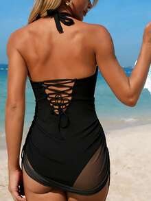 Shapewave 1pc Women's Fashion Shapewear Dress With Gold Accent Mesh Fabric, Drawstring Waist, Criss-Cross Back Tie, Adult Beach Outfit - Black - View 2