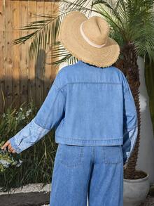 Breezaya Plus Size Women's Spring/Summer Patchwork Washed Denim Jacket - Multicolor - View 3