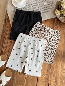 SHEIN Emery Rose Kids Quần legging mùa hè dáng rộng, in họa tiết toàn thân, cạp chun co giãn, chất liệu gân nổi, thích hợp cho bé gái. - Nhiều màu - Xem 2