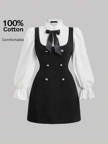 SHEIN MOD 大码蝴蝶结前荷叶边袖二合一连衣裙 - 黑與白 - 查看 1