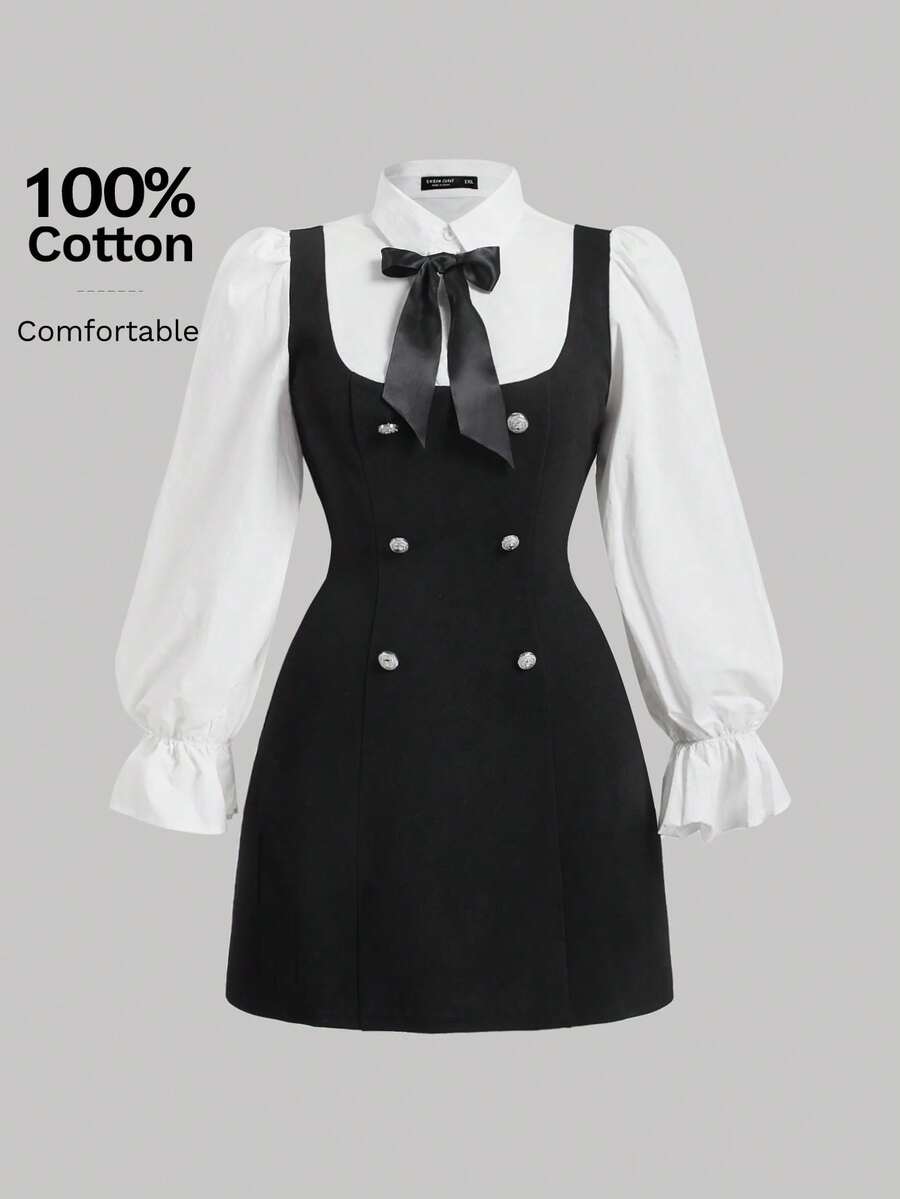 SHEIN MOD 大码蝴蝶结前荷叶边袖二合一连衣裙 - 黑與白 - 查看 1