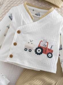 Newborn Baby Boy/Girl Casual Cute Cartoon Pattern Knit Long Sleeve Top, Pants, Bib 3pcs Set - Multicolor - View 7