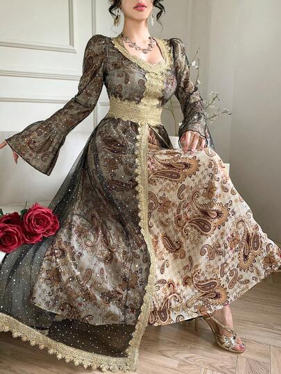 DAZY Vestido maxi de fiesta, boda y eventos formales con mangas acampanadas, estampado floral bordado con lentejuelas doradas brillantes y bloques de color en contraste, ideal para primavera y verano