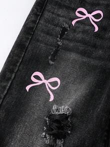 SHEIN ChillGRL Thời trang thiếu nữ tuổi teen mùa Thu Đông 2025: Quần jeans ống rộng rách thêu hình trái tim. - màu đen - Xem 7