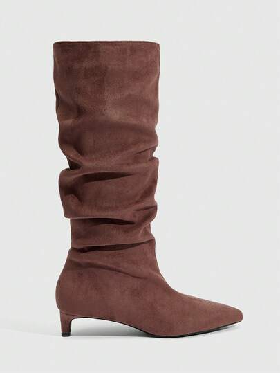 Daringsoles Women's Pointed Toe Pleated Suede Side Zipper Knee High Boots, Coffee Brown, Fashionable For Holidays