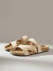 Solecia Women Shoes Summer Single Buckle With Apricot Round Head Thick Bottom, Personalized Suede Brown And Black Slippers Daily Out Of The Street - Apricot - View 2