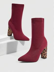 Daringsoles Pointed Toe Thick High Heel Slip-On Elastic Black Knitted Tight Fitted Sock Boots, Comfortable Sexy Leopard Pattern Elastic Ankle Boots For Women Valentine's Day - Burgundy - View 2