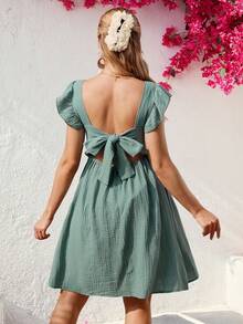 SHEIN Maternity Solid Color V-Neck Flutter Sleeve Tie Back Nursing Dress - Mint Green - View 2