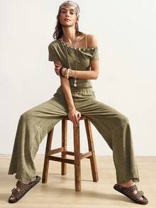 Bohemela 2pcs Women Summer Casual Asymmetrical Shoulder Top And Side Button Wide Leg Pants Set - Green - View 9