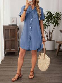 SHEIN Tall Women's Casual Front Button Denim Dress For Vacation - Blue - View 1