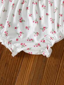 SHEIN 3件套女婴甜美针织提花花卉图案吊带背心和荷叶边短裤套装，适合度假和日常休闲穿着 - 粉色 - 查看 5