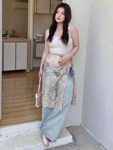 Dazy Plus Elastic Waist Lace Layered Versatile Sheer Skirt - Khaki - View 4