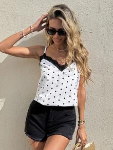 Serisse 女士休闲优雅黑白波点撞色蕾丝刺绣网纱吊带背心，夏季波点上衣，女士外出上衣，情人节女士上衣，海滩女士上衣，生日女士上衣，夏季上衣，夏季，情人节，狂欢节，派对，婚礼，生日，优雅，度假，休闲，夏季上衣，女士狂欢节服装 - 黑與白 - 查看 3