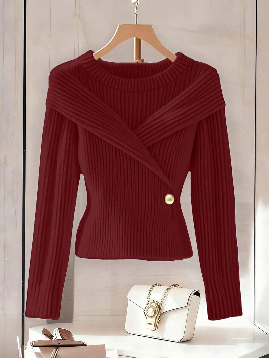 Franclia 秋冬新款柔软舒适白色简约韩版高端收腰修身圆领长袖女士T恤 - 酒紅色 - 查看 1