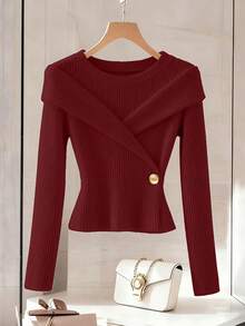 Franclia 秋冬新款柔软舒适白色简约韩版高端收腰修身圆领长袖女士T恤 - 酒紅色 - 查看 4