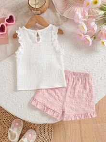 SHEIN Bộ áo vest và quần short jacquard dễ thương, kiểu dáng thường ngày cho bé gái, thích hợp mặc ở nhà và ngoài trời, mùa xuân/hè. - Hồng - Xem 2