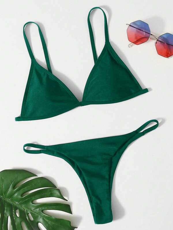 Swim Basics 2026SS New Women's Dark Green Bikini Set,Summer Beach Holiday Bathing Suits,High Cut Double Lined Solid Color Vintage Boho Elegant Brazil Swimwear