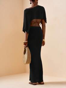 Zivah 2 pièces/set Top de plage tricoté et mini-jupe tricotée assortis, couleur unie élégante et décontractée pour les vacances - Noir - Voir 2