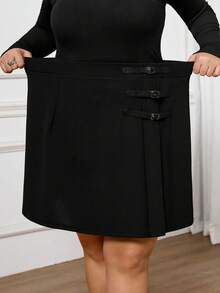 SHEIN CURVE+ Váy ngắn chữ A cạp cao xếp ly khóa cài màu đen dành cho nữ cỡ lớn, thanh lịch, tối giản, thích hợp cho công sở hàng ngày. - màu đen - Xem 7