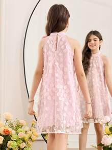 SHEIN 少女宽松优雅立领无袖3D立体花卉面料连衣裙 - 淺粉色 - 查看 4