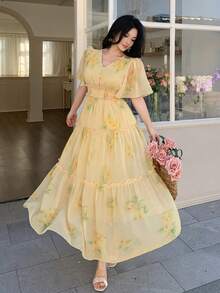 DAZY 女士V领短袖蛋糕印花休闲优雅连衣裙 - 鵝黃色 - 查看 1