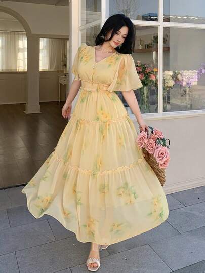 DAZY Vestido casual elegante de mujer con cuello en V, manga corta, estampado de pastel