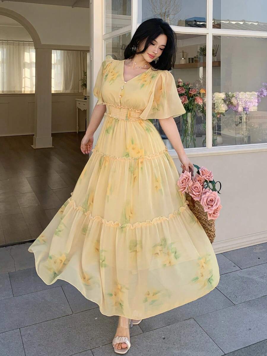 DAZY 女士V领短袖蛋糕印花休闲优雅连衣裙 - 鵝黃色 - 查看 1