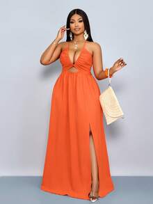 SOLERSUN 女士加大码春夏纯色优雅假日交叉系带露背吊带摆裙长款女装 - 橘色 - 查看 4