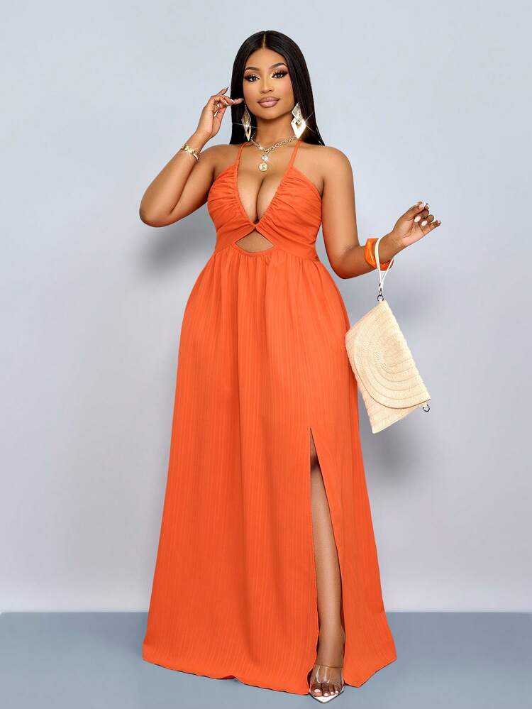 SOLERSUN 女士加大码春夏纯色优雅假日交叉系带露背吊带摆裙长款女装 - 橘色 - 查看 4