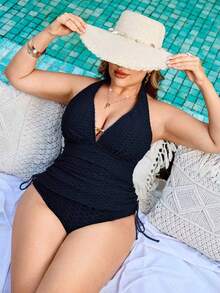 Swim Lushoire Plus Size Women Solid Color Halter Waist Drawstring Tankini Swimsuit Set - Blue - View 1