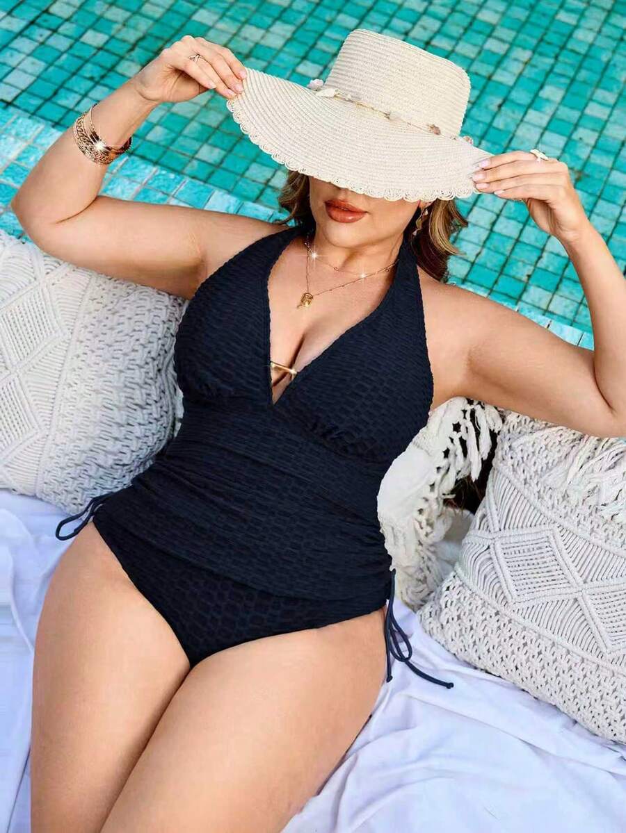 Swim Lushoire Plus Size Women Solid Color Halter Waist Drawstring Tankini Swimsuit Set - Blue - View 1