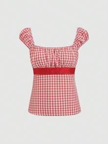 SHEIN Sweetro Áo kiểu nữ cổ vuông, xếp ly, dáng chữ A, màu đỏ kẻ caro, thắt nơ, hai mặt, thích hợp cho mùa xuân/hè/thu, phong cách lãng mạn, dễ thương, retro Y2K, thường ngày đi nghỉ mát, hẹn hò, đi học, dạo phố, lễ hội âm nhạc. - Đỏ và trắng - Xem 2