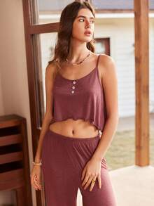Bohemian Style Comfortable & Sexy Camisole Top And Loose Pants Women's Pajama Set - Brown - View 4