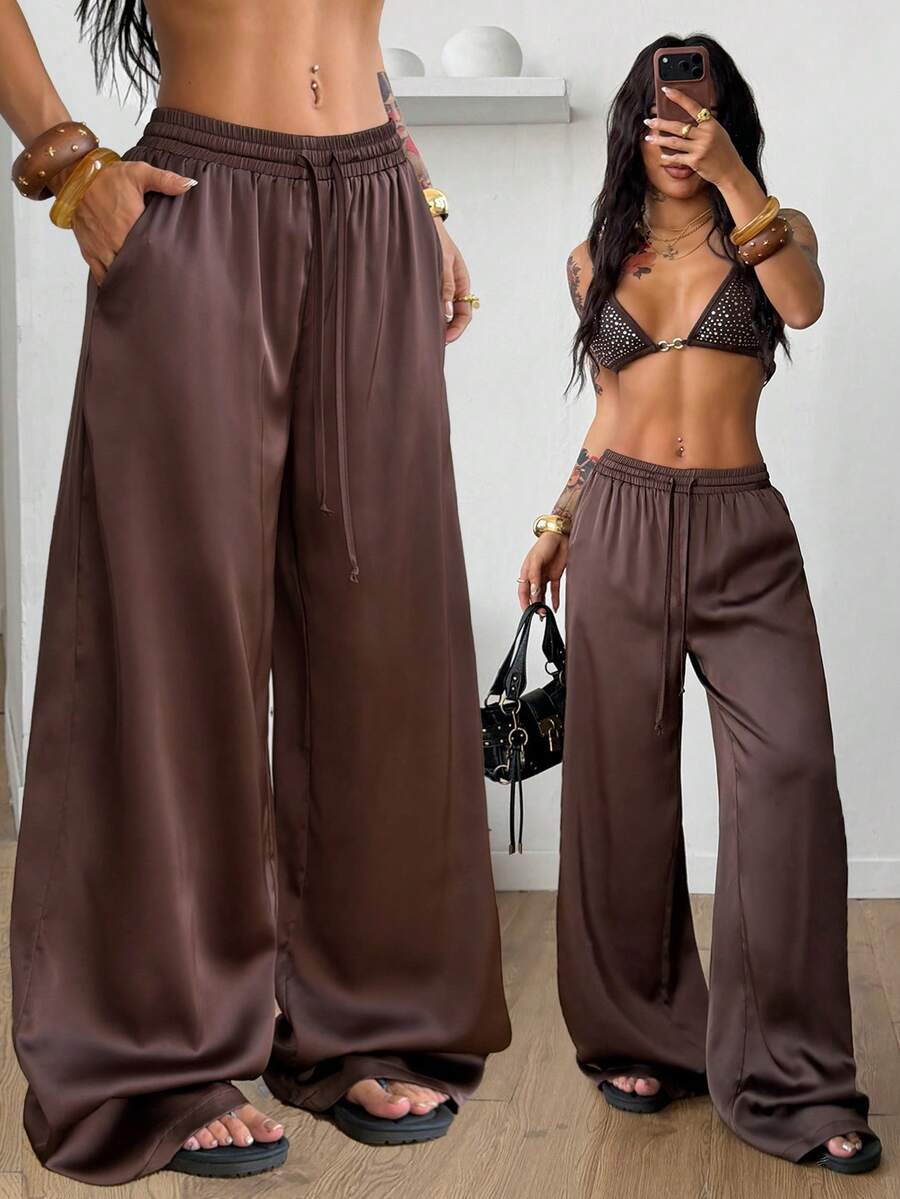 Coolane 女士夏季乡村音乐会外出海滩装扮波西米亚风简约水洗100%纯棉白色弧形裤脚裤 - 棕色 - 查看 1