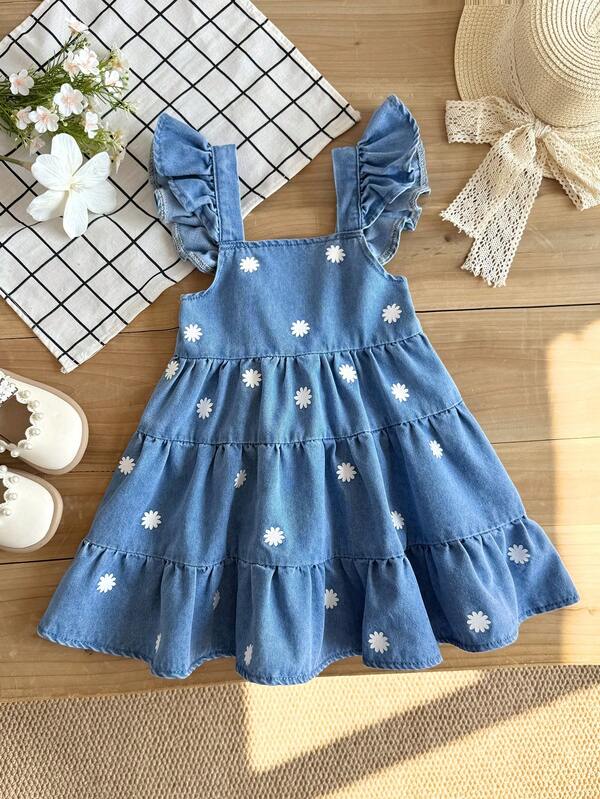 LMoss Kids Young Girl' Floral Pattern Blue Denim Ruffle Hem Dress,Kid Girls Spring And Summer Casual Vacation Country Boho Wear, Beach Outfits For Kid Girls,Comfortable And Soft Denim Pant,Girl Summe   Dress,White Daisy Seedling  Dress
