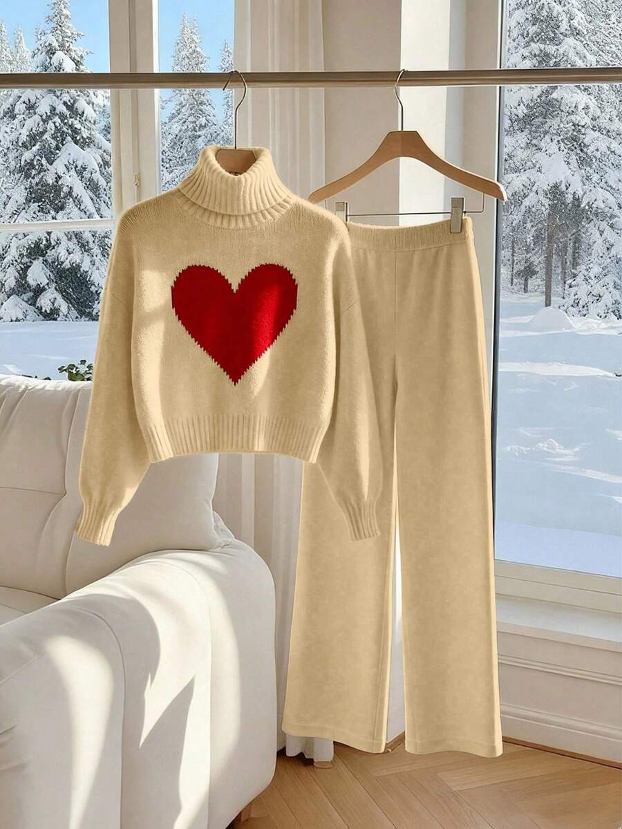 Franclia 2件套 女士休闲宽松运动风韩版可爱百搭阔腿裤毛衣套装，秋冬款 - 杏色 - 查看 1