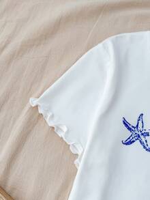 SHEIN Bộ 3 món cho bé gái tuổi teen, gồm áo thun ngắn tay cổ tròn in hình vỏ sò và sao biển + quần short/quần dài thắt nơ, kiểu dáng rộng rãi thoải mái. - Xanh và trắng - Xem 5