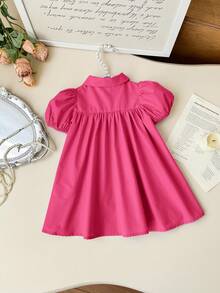SHEIN LMoss Kids Cute Babygirl Summer Fuchsia Bow Collar Short Sleeve Dress - Hot Pink - View 2