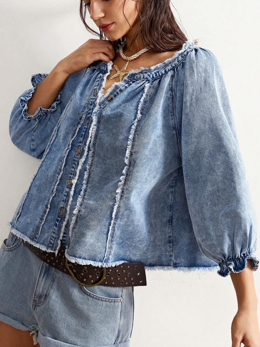 Bohemela Women's Casual Fashionable Street Snap Collar Ruffle Sleeve Raw Edge Loose Denim Blouse, Summer - Light Wash - View 1