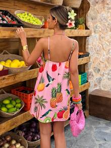 Selianne Fuchsia Tropical Fruit Print Camisole Mini Dress, Vacation Style, Spring/Summer - Multicolor - View 2