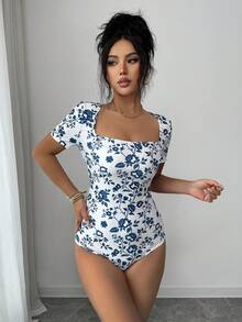 Elenzga Women's Summer New Casual Vacation Blue Ditsy Floral Bodysuit - Blue and White - View 4
