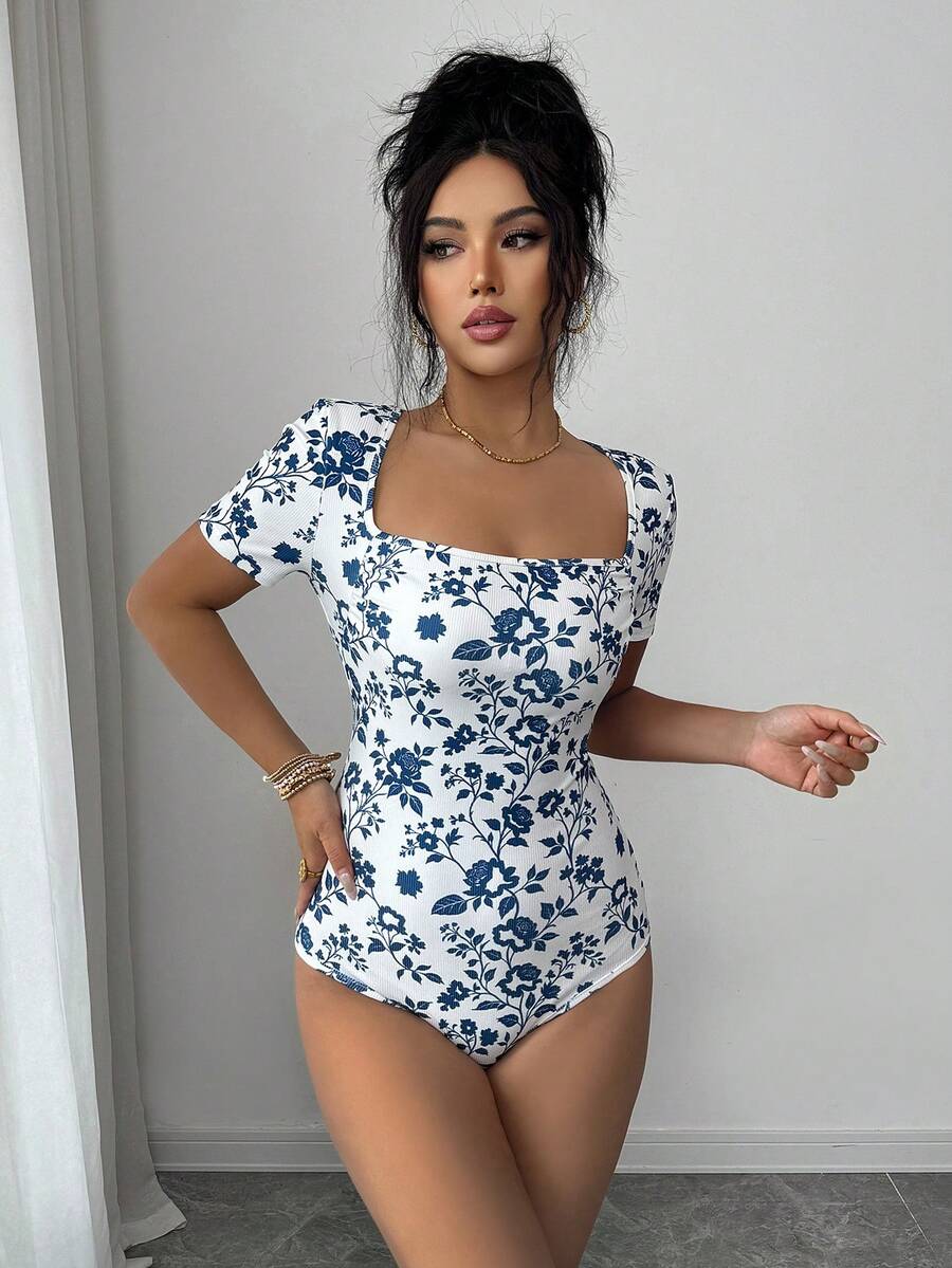 Elenzga 女士夏季新款休闲度假蓝色碎花连体衣 - 藍白色 - 查看 1